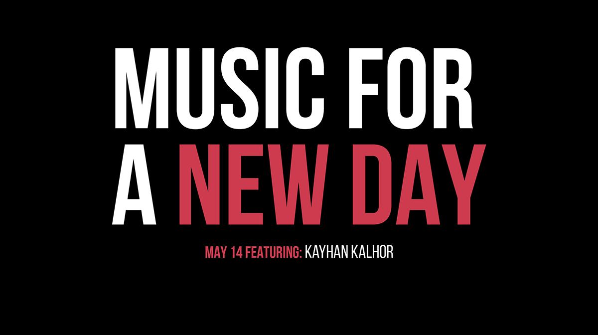 Black background with white text that reads "Music for a" followed by pink text that reads "new day"